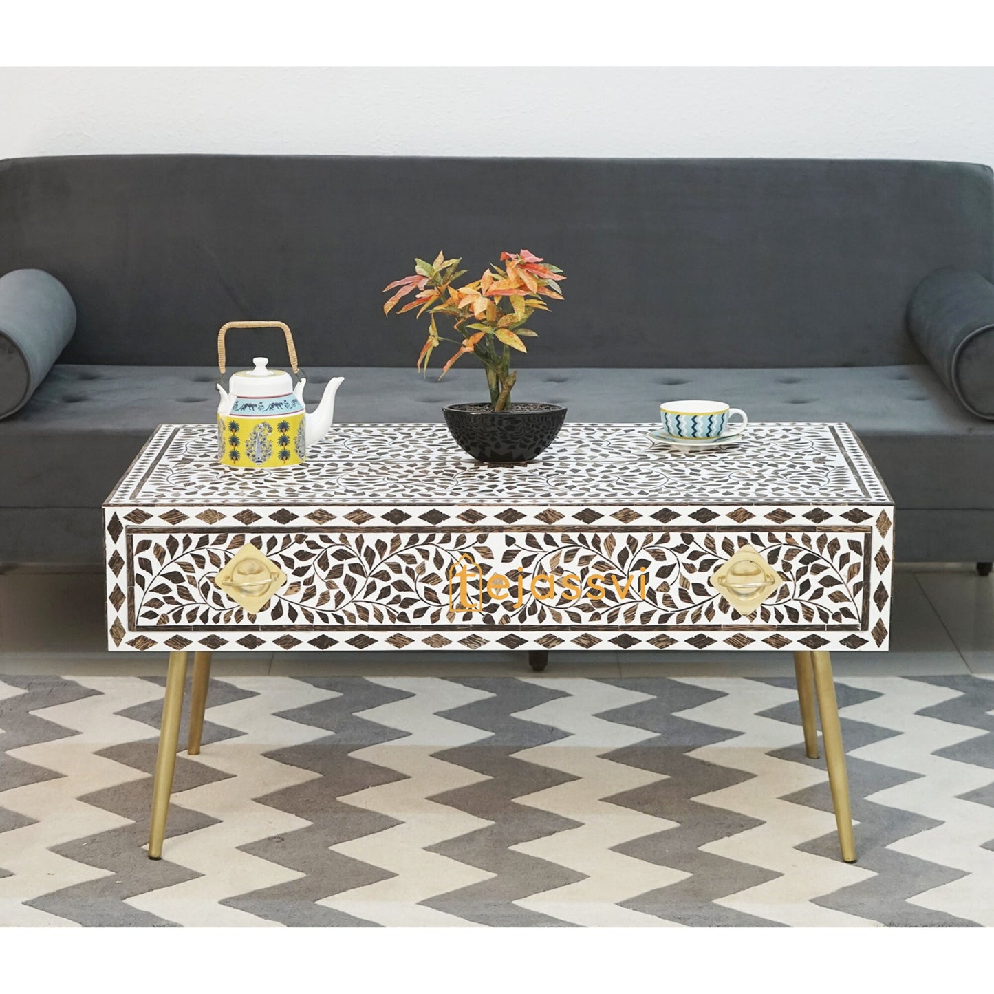 Bone Inlay Wooden Coffee Table/MOP Bone Inlay Oval Shape Coffee Table/Oval Coffee Table/Floral Design Centre Table/Bone Inlay Cocktail Table