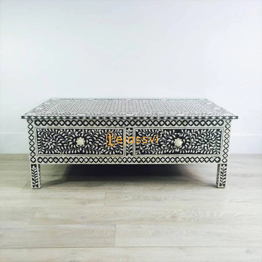 Handmade Bone inlay Coffee Table with Storage | Black Floral Pattern Center table, Bone Inlay Furniture Cocktail Table, Luxury Furniture