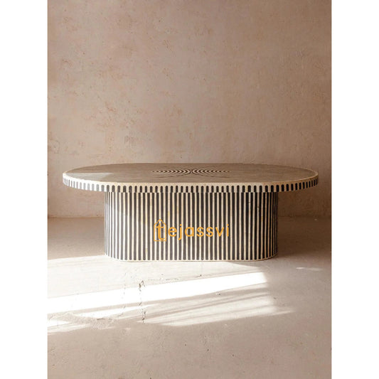 Wooden Oval Shape Coffee Table, BONE INLAY TABLE, Oval Shape Coffee Table, Strip Design Centre Table, Bone Inlay Furniture Cocktail Table...
