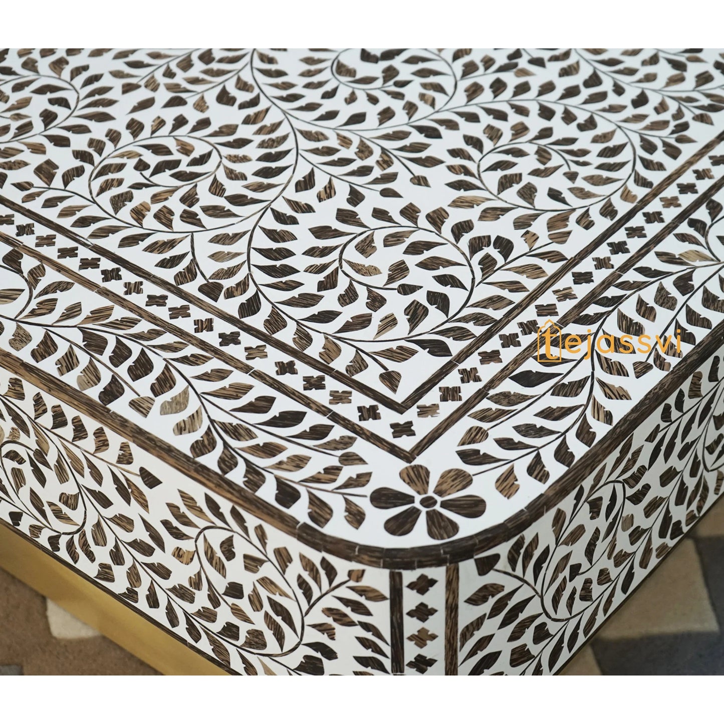 Wooden Square Coffee Table/Bone Inlay Coffee Table/Center Table/Wood Inlay Table/Floral Design Wood Inlay  Cocktail Table/Wooden CoffeeTable