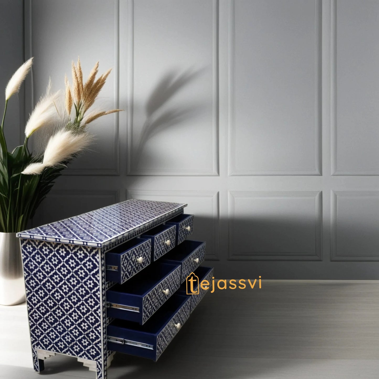 Bone Inlay Floral Pattern Chest of 7 Drawer, 7 Drawer Dresser, wooden Bone Inlay Chest of Drawers, MOP Bone Inlay Furniture Sideboard Unit.