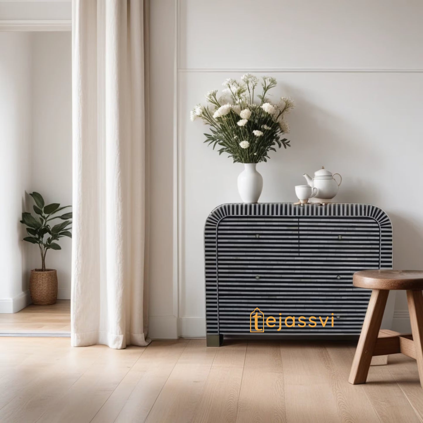 Handmade Bone Inlay Waterfall 3 Drawers Black/Bone Inlay Waterfall 3 Drawers Dresser Table Black/Bone Inlay Storage Unit/Wooden Side Boards.