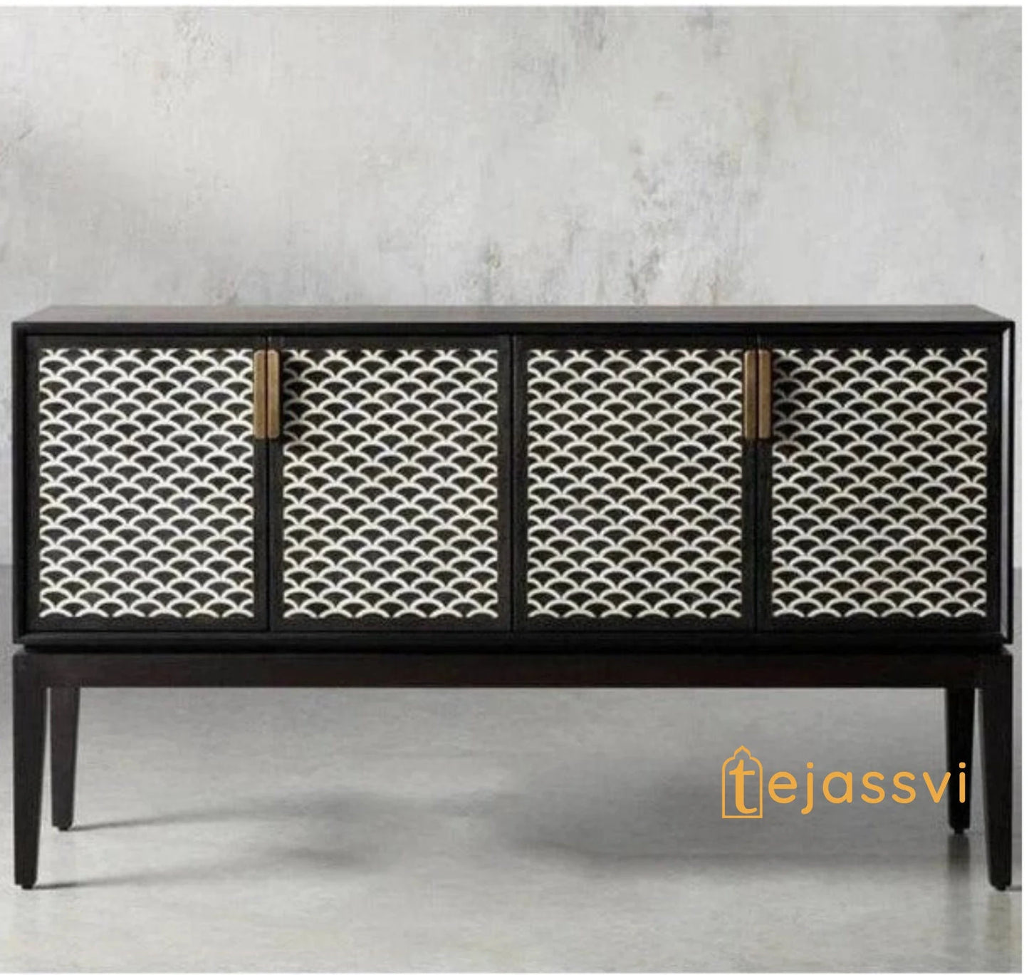 Handmade Bone Inlay Bar Cabinet: Black Fish Scale Pattern Storage Unit /bone inlay console / bone inlay side boards /inlay luxury furniture