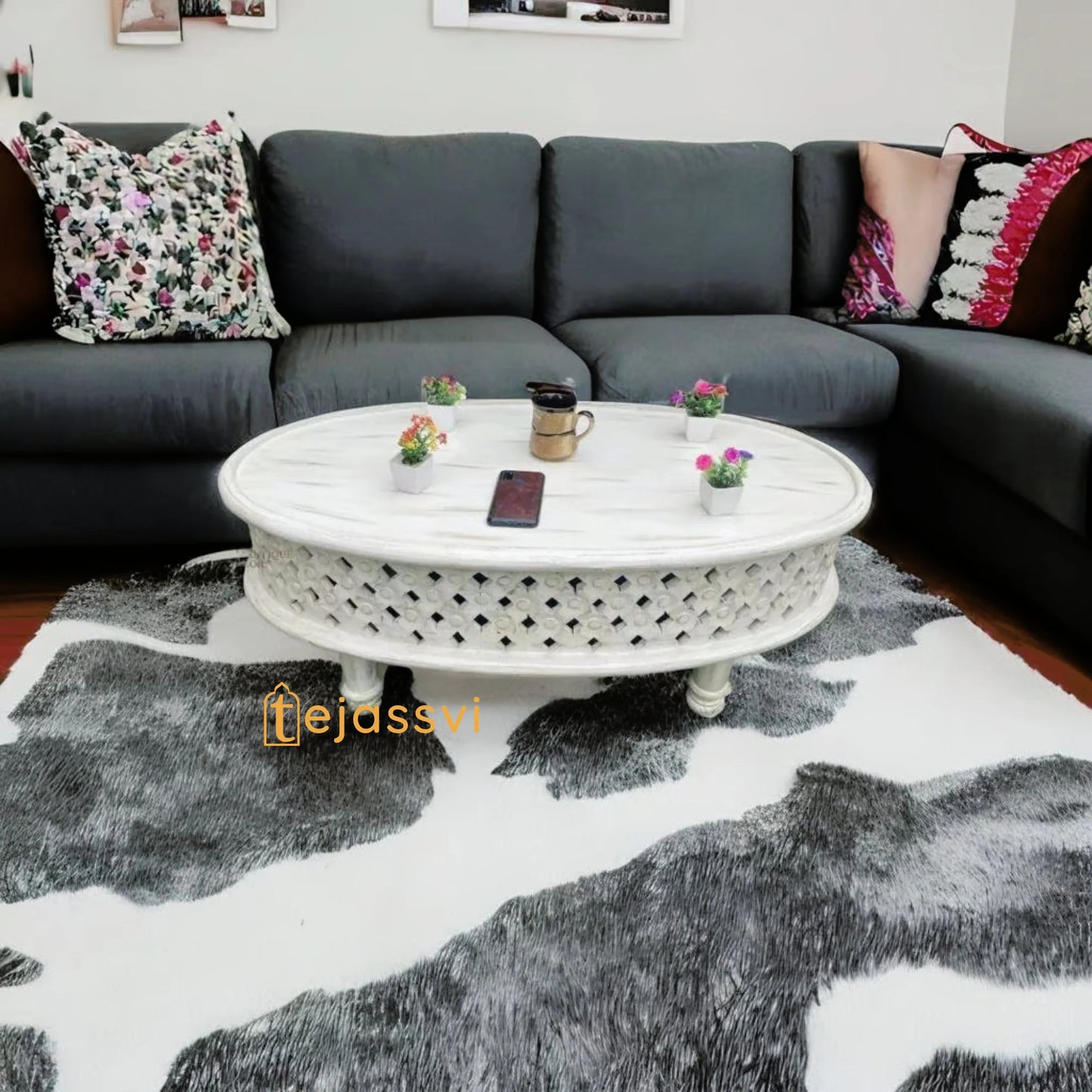 Handmade White Mango Wood Coffee Table: Round Carved Indian Art