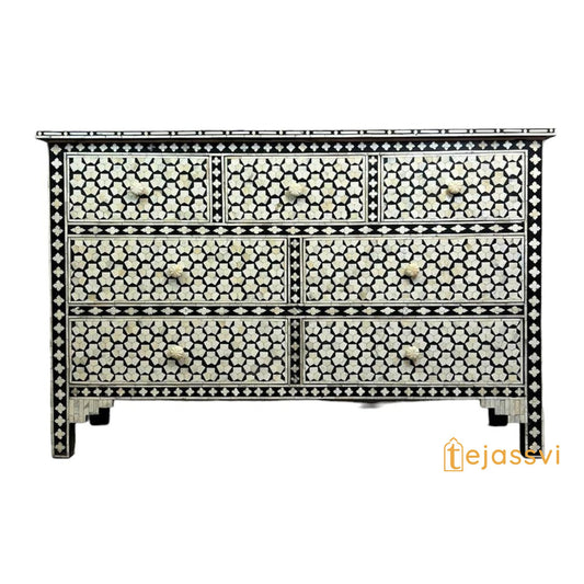 Bone Inlay 7-Drawer Chest: Black Resin Honeycomb Pattern Sideboard/ bone inlay console/sideboards/bone inlay Luxury furniture