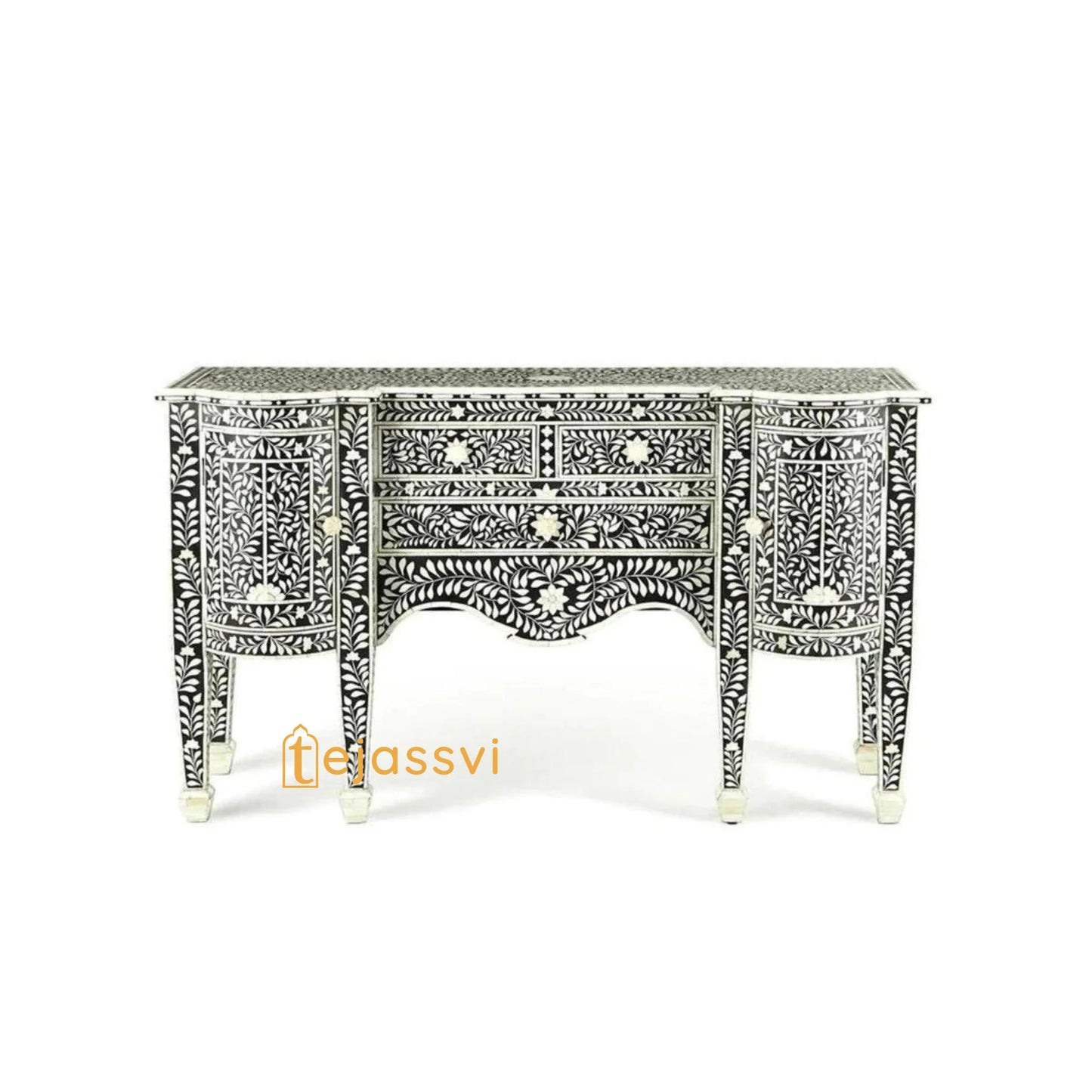 Handmade Bone Inlay Sideboard: Black Floral Buffet Table, Media Console / bone inlay luxury furniture
