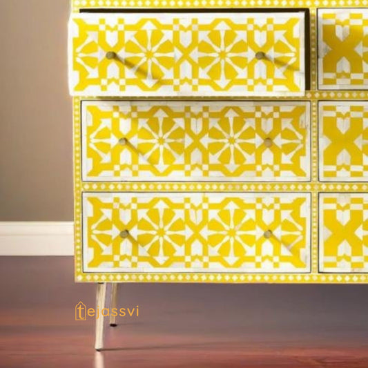 Bone Inlay  Floral Pattern Chest of 9 Drawer, 9 Drawer Dresser, wooden Bone Inlay Chest of Drawers, MOP Bone Inlay Furniture Sideboard Unit.