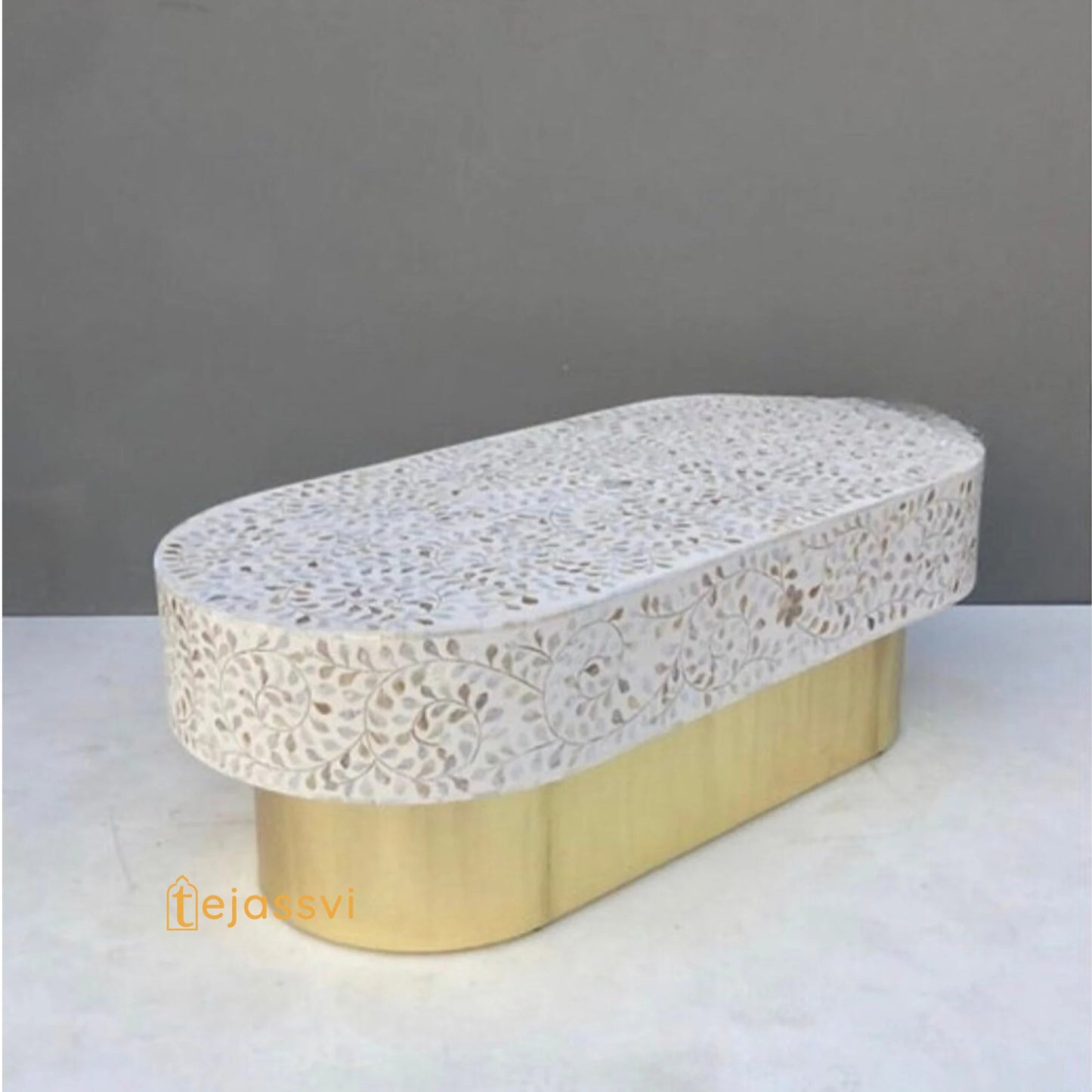 Mother of pearl Inlay Oval Coffee Table / Centre Table, MOP Inlay Floral Oval Coffee Table Handmade MOP Inlay Modern Pattern Furniture