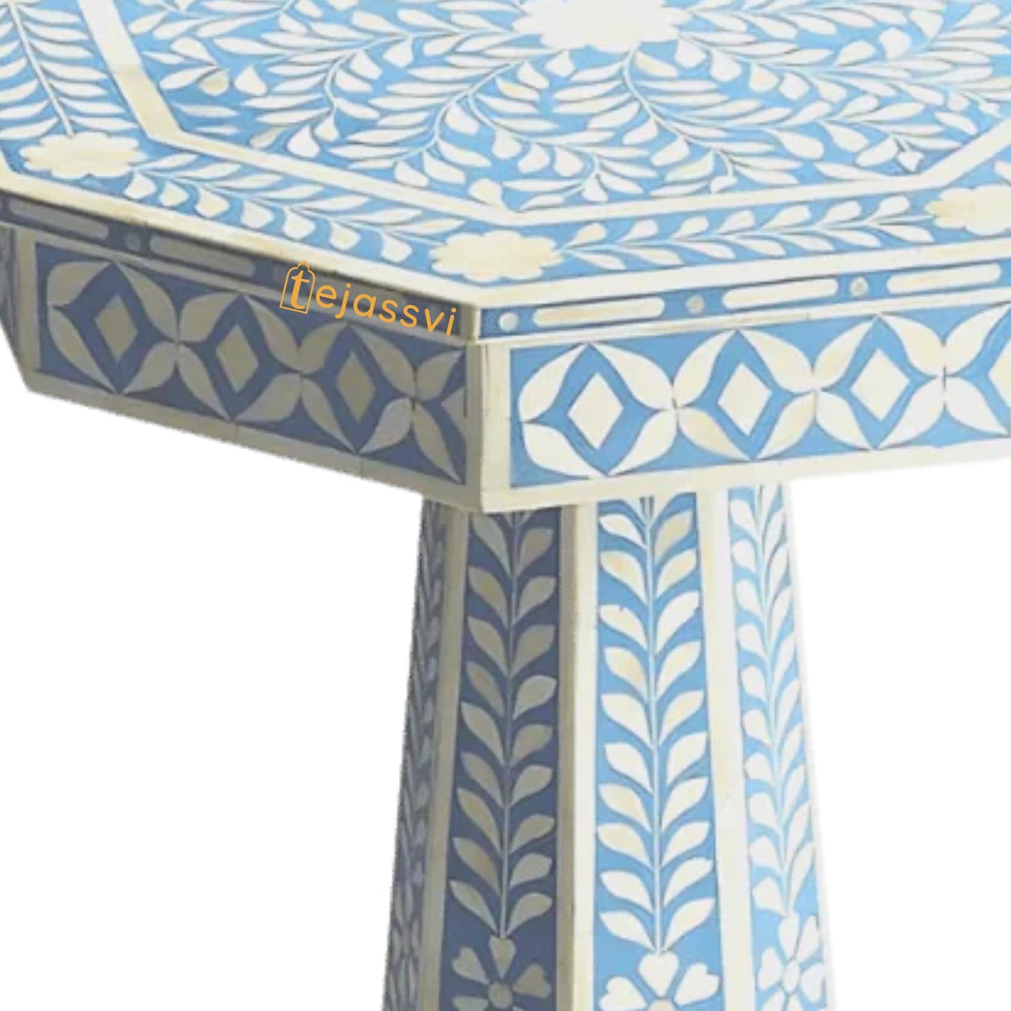 Handmade Bone Inlay Pedestal Side Table | Blue Floral Bone Inlay Pedestal Side Table | Bone Inlay Wooden Antique sofa side Table