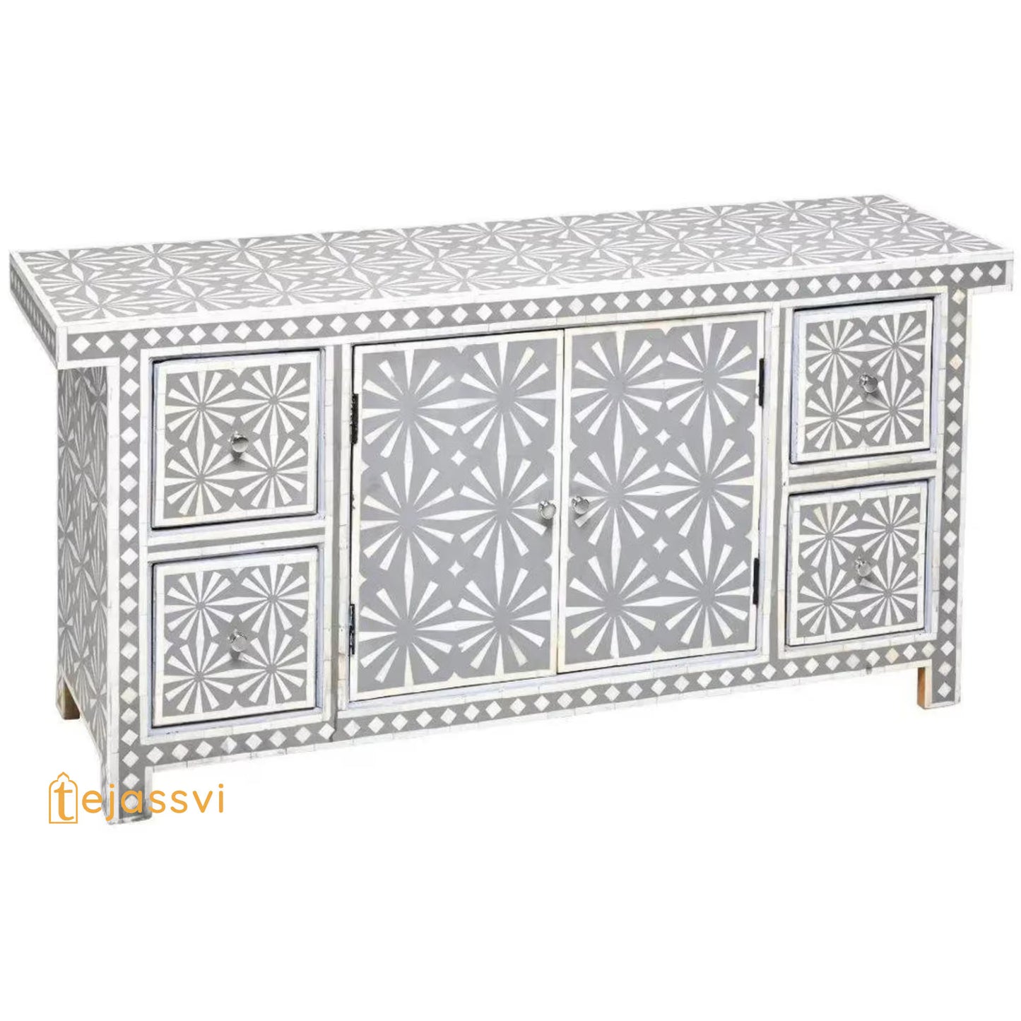 Handmade Bone Inlay Sideboard | Bone inlay 4 Drawer 1 Door Dresser/Storage Cabinet | Bone Inlay Sideboard Snow In Grey