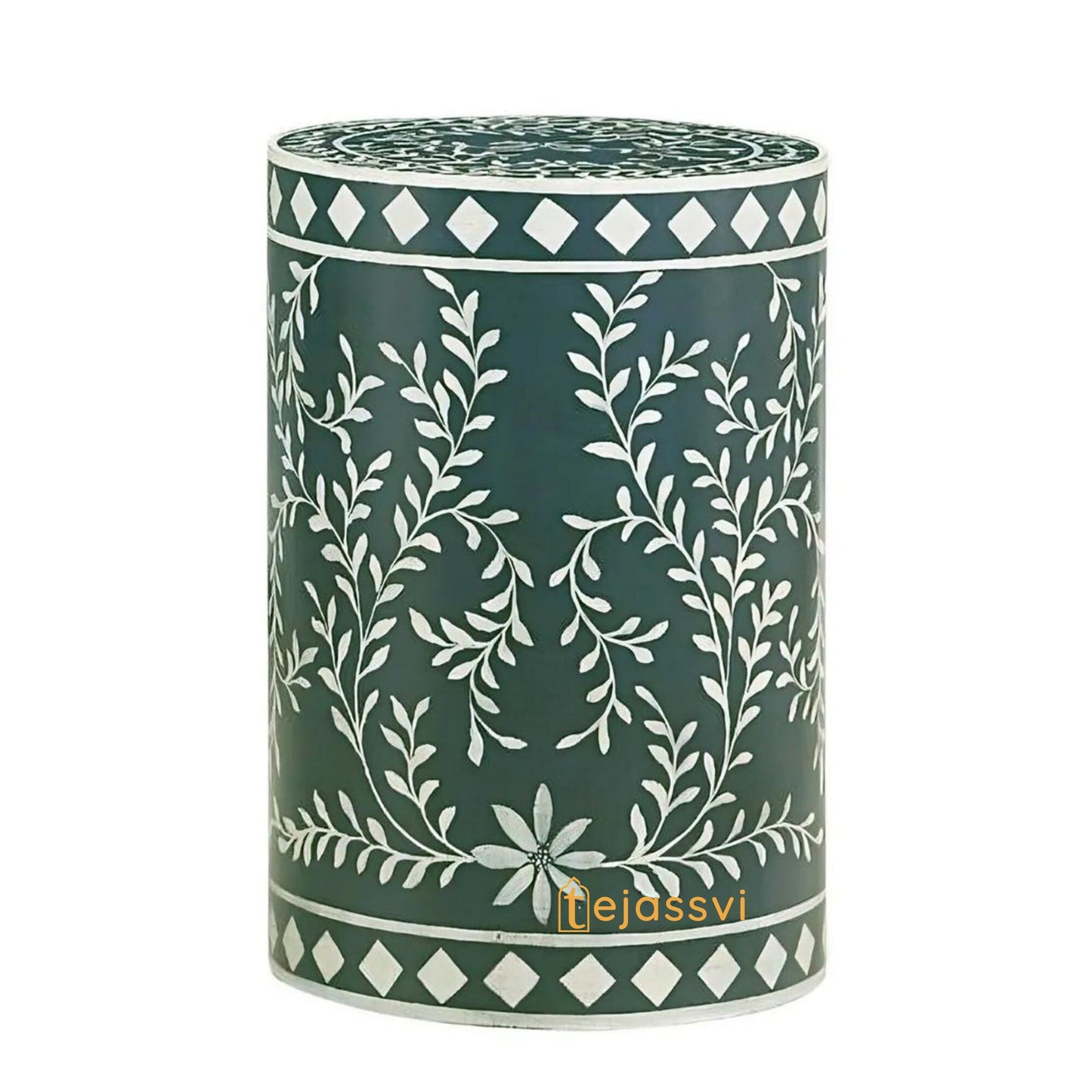 Bone Inlay Handmade Modern Cylindrical Design Side Table | Tribal Bone Inlay Stool in Brown | sofa side Table, Modern Luxury Furniture.