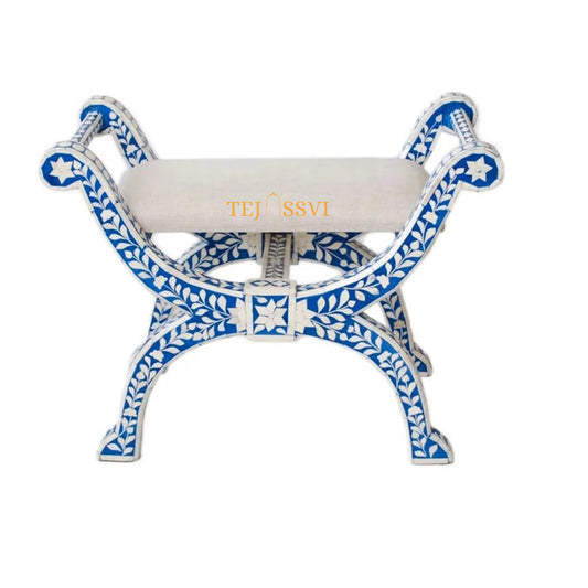 Handmade Bone Inlay Stool: Floral Blue Jenny Chair, Modern Accent Furniture