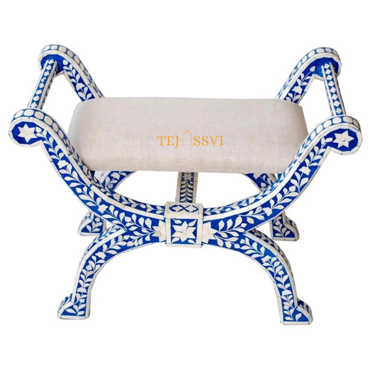 Handmade Bone Inlay Stool: Floral Blue Jenny Chair, Modern Accent Furniture