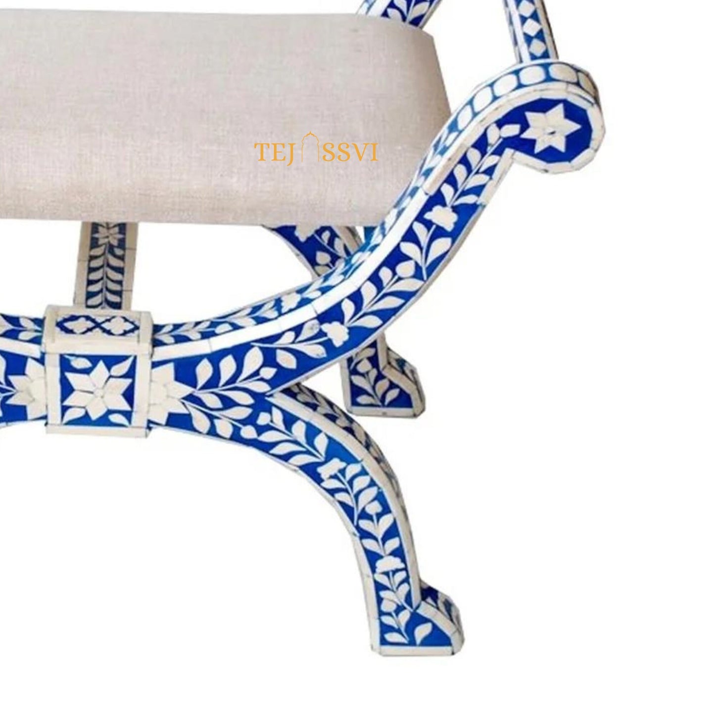 Handmade Bone Inlay Stool: Floral Blue Jenny Chair, Modern Accent Furniture