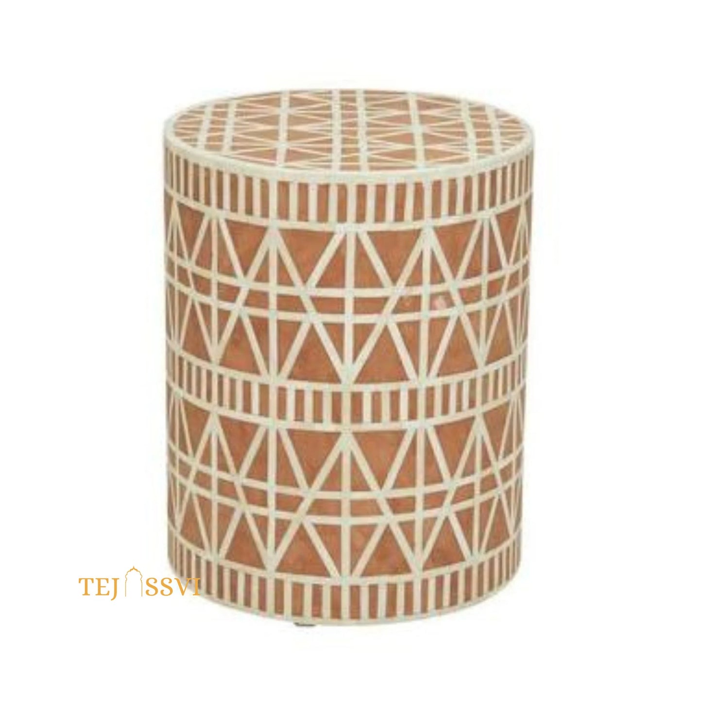 Bone Inlay Handmade Modern Cylindrical Design Side Table | Tribal Bone Inlay Stool in Brown | sofa side Table, Modern Luxury Furniture.