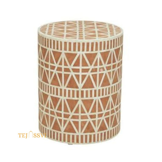 Bone Inlay Handmade Modern Cylindrical Design Side Table | Round Bone Inlay Stool in Orange Color | Sofa Side Table | Modern Luxury Furniture.