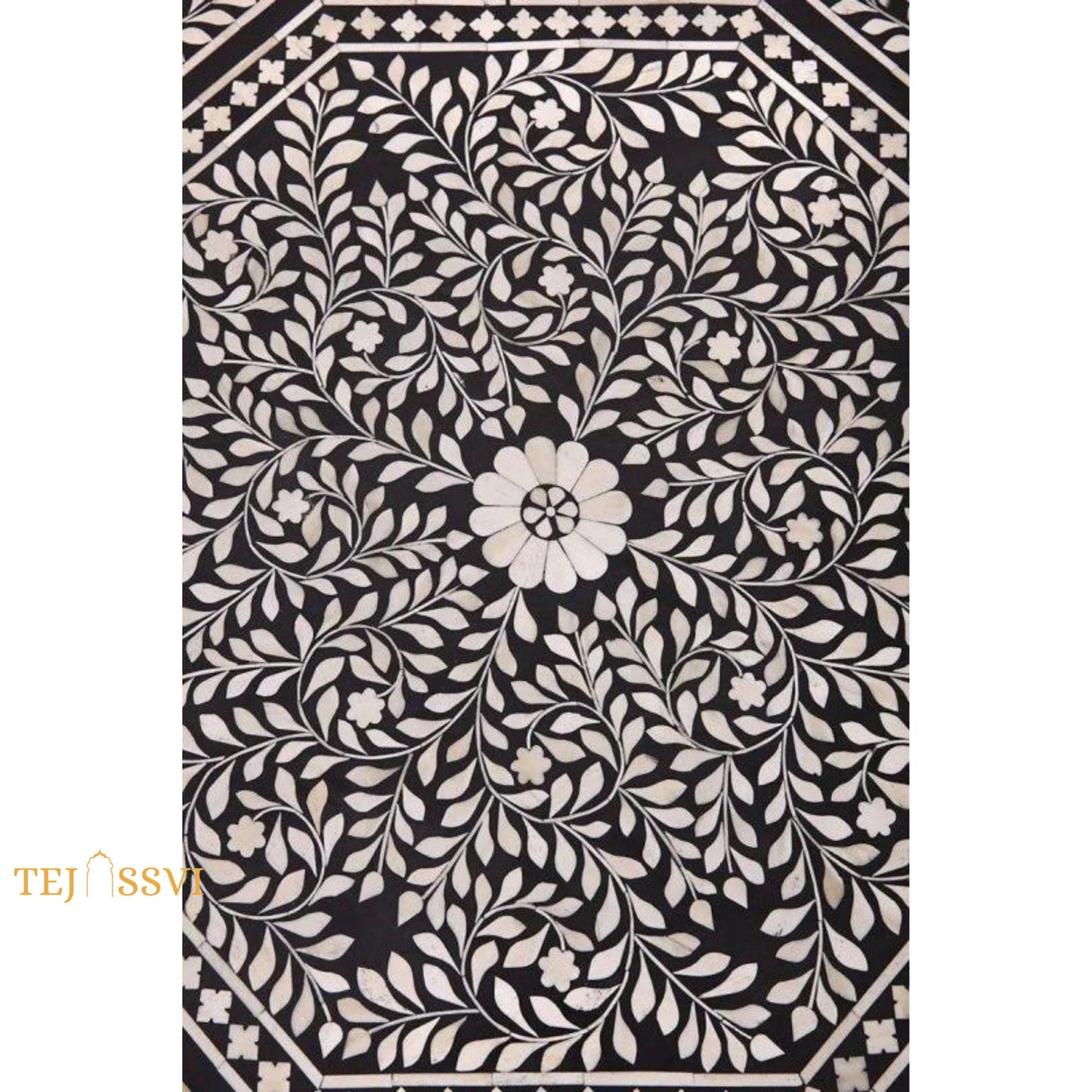 Handmade Floral Design Bone inlay Octagonal Coffee Table with Drawers, Floral Laptop Table, Bone Inlay  Cocktail Table, Modern Furniture