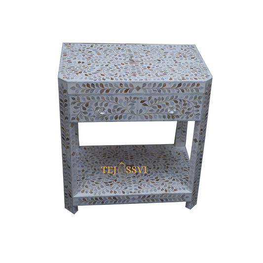 Mother of Pearl Inlay Floral 1 Drawer 1 Shelf Bedside , Bone Inlay Wooden Floral Bedside /Side table /Nightstand 1 Drawer