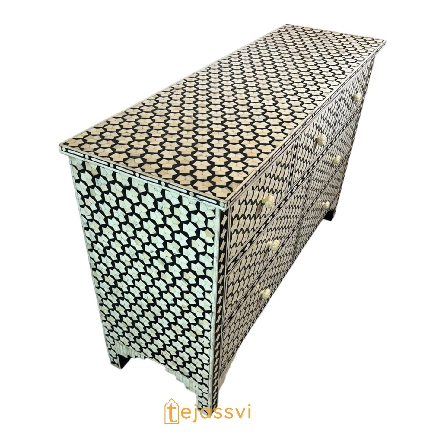 Bone Inlay 7-Drawer Chest: Black Resin Honeycomb Pattern Sideboard/ bone inlay console/sideboards/bone inlay Luxury furniture