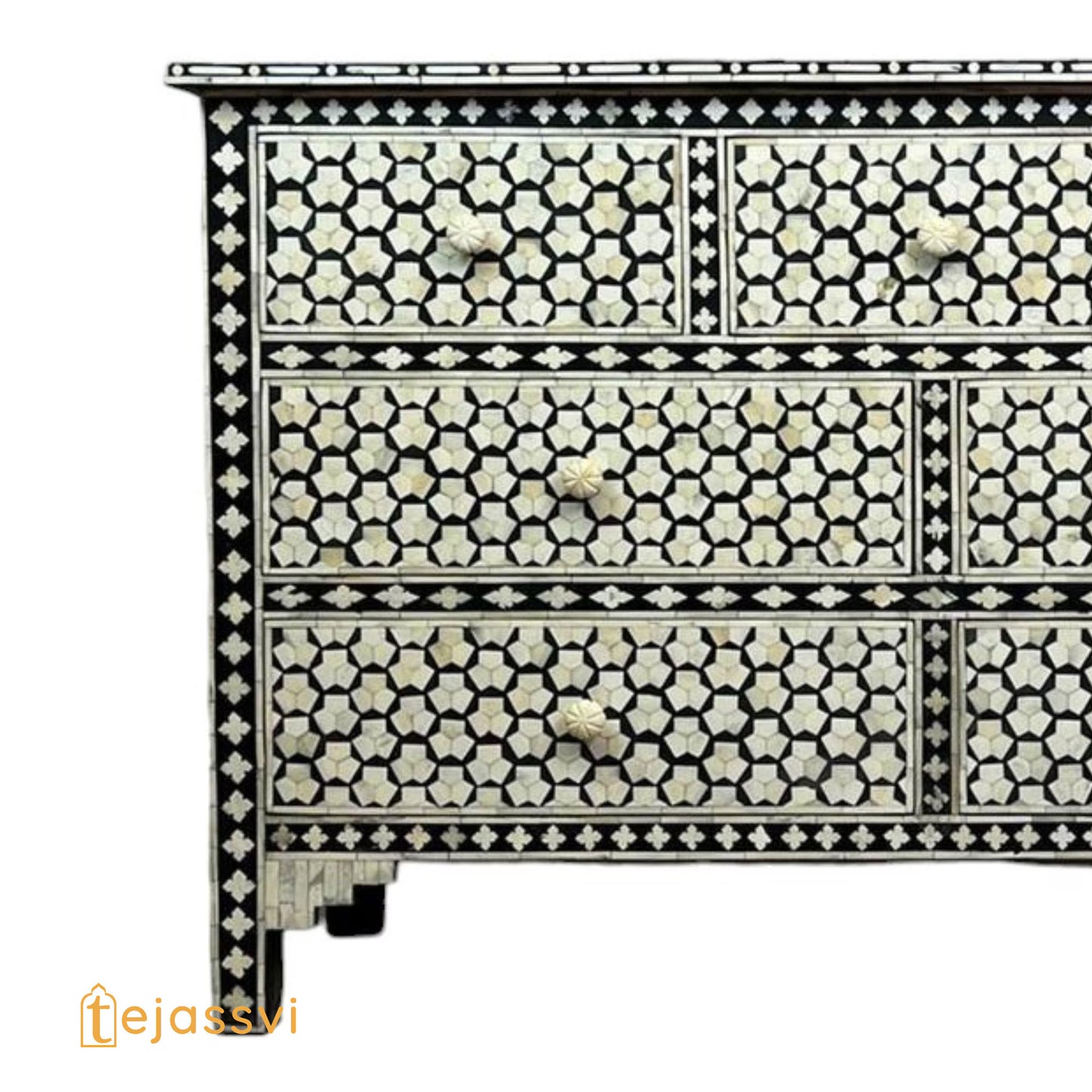 Bone Inlay 7-Drawer Chest: Black Resin Honeycomb Pattern Sideboard/ bone inlay console/sideboards/bone inlay Luxury furniture