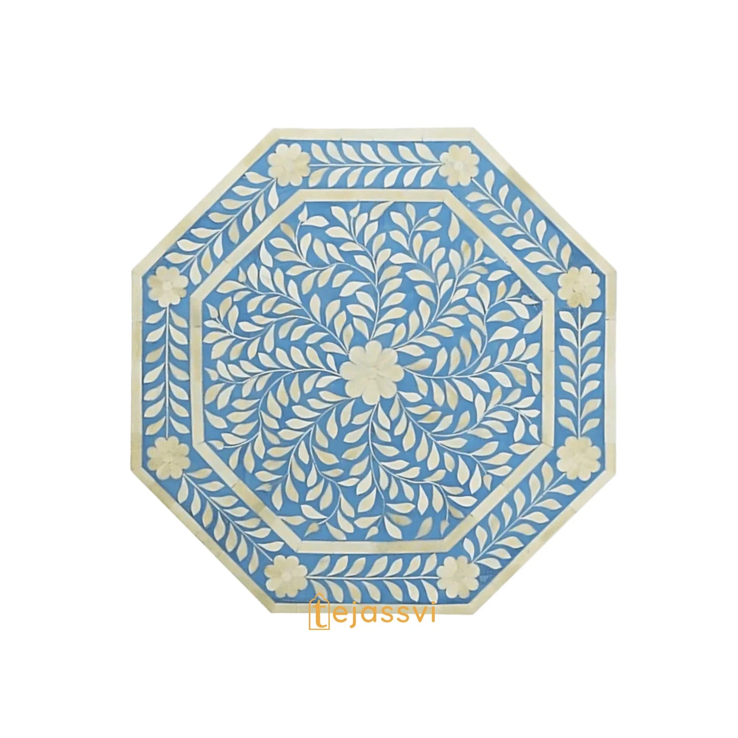 Handmade Bone Inlay Pedestal Side Table | Blue Floral Bone Inlay Pedestal Side Table | Bone Inlay Wooden Antique sofa side Table