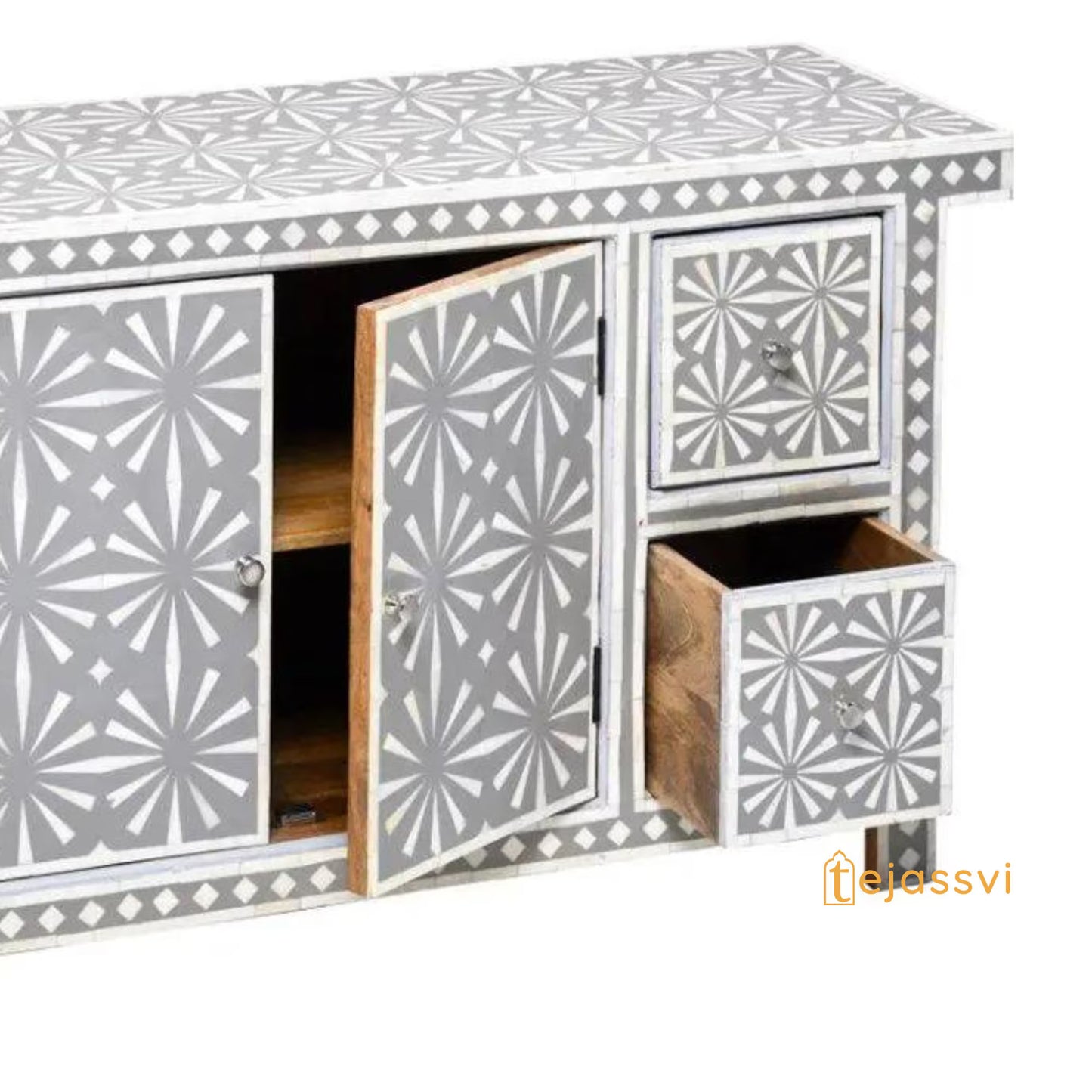 Handmade Bone Inlay Sideboard | Bone inlay 4 Drawer 1 Door Dresser/Storage Cabinet | Bone Inlay Sideboard Snow In Grey