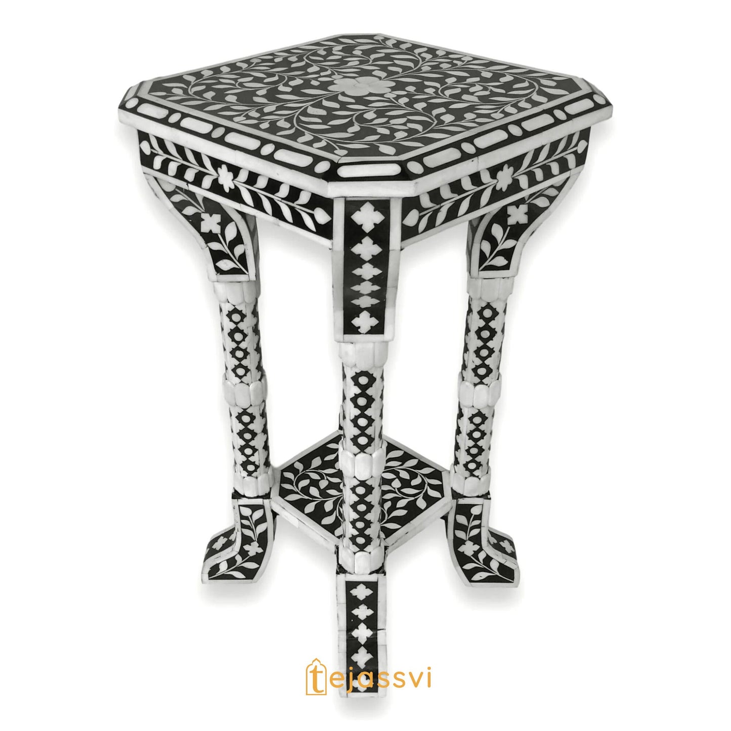 FLORAL BONE INLAY Black & White 12 inch Accent Table / End Table for Living Room | Bone Inlay Side Table | Modern Luxury Furniture