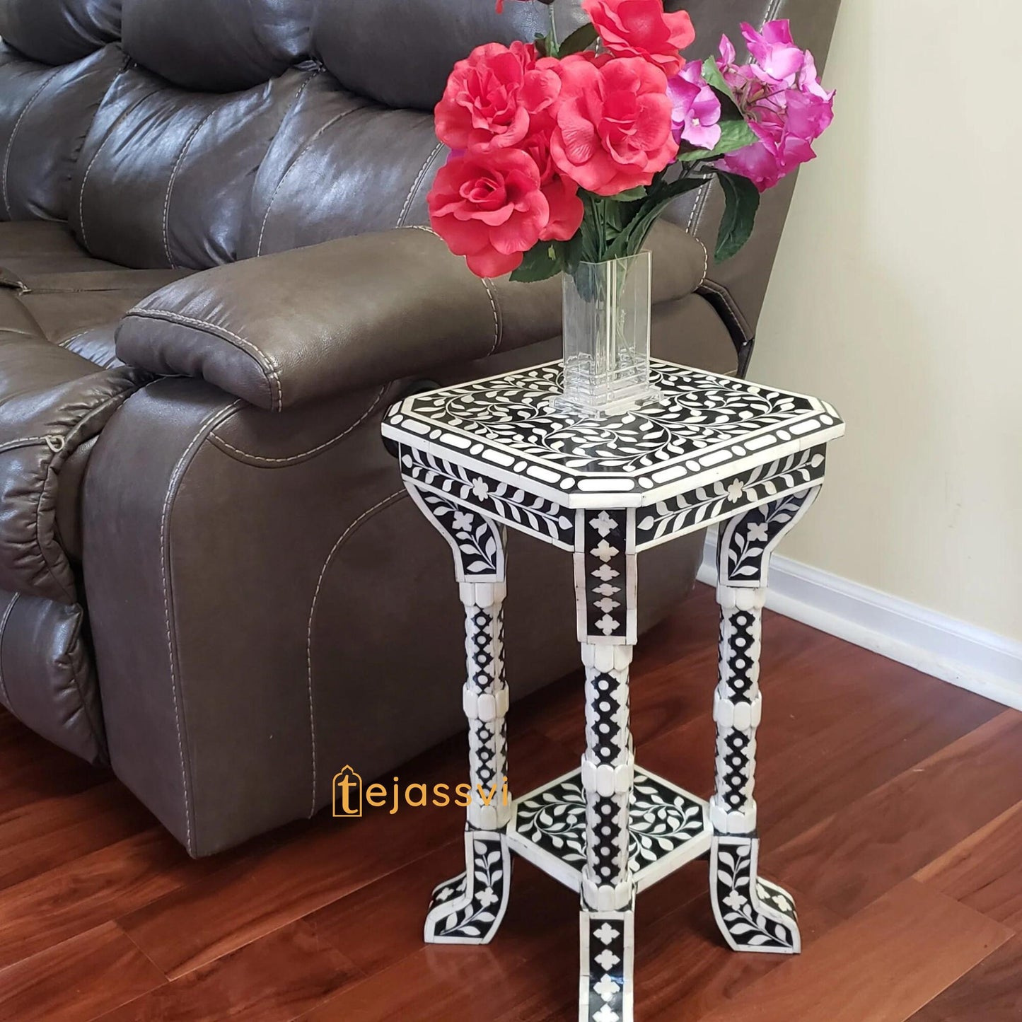 FLORAL BONE INLAY Black & White 12 inch Accent Table / End Table for Living Room | Bone Inlay Side Table | Modern Luxury Furniture