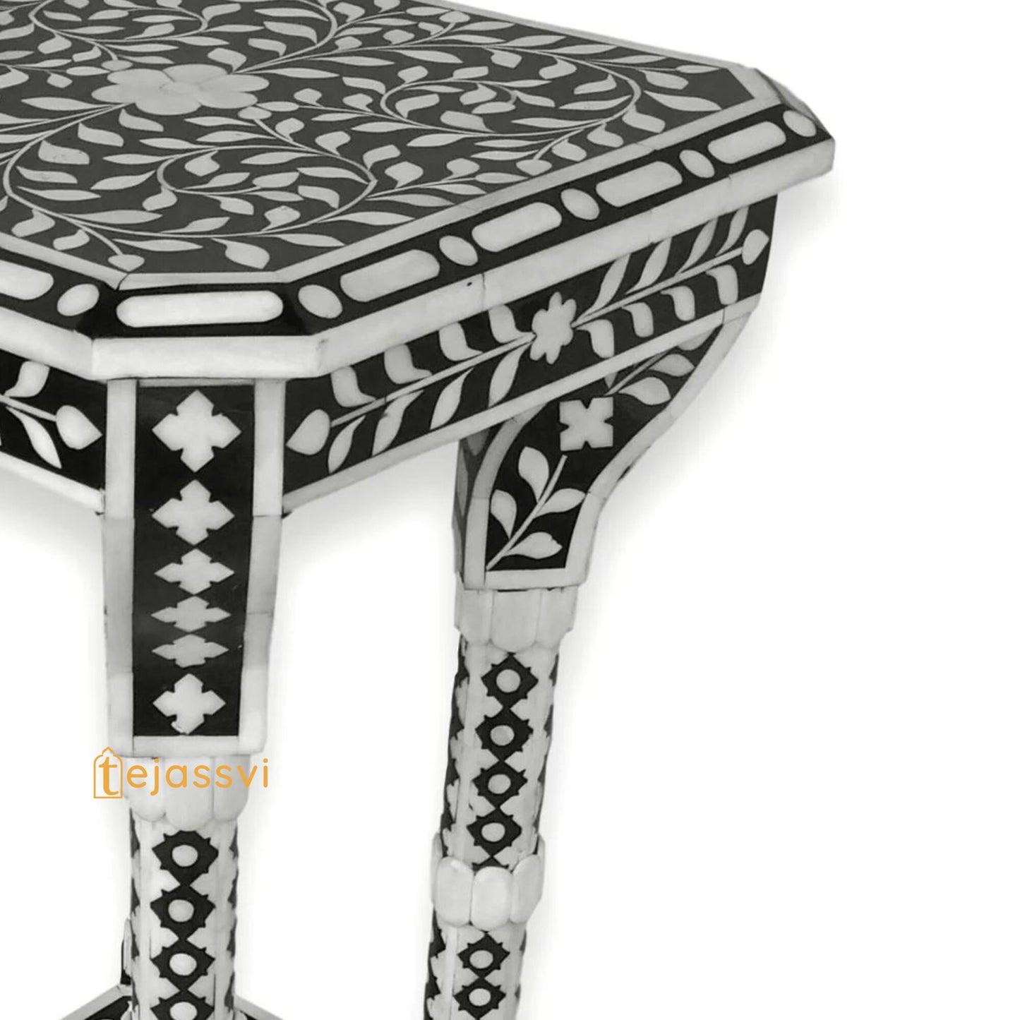 FLORAL BONE INLAY Black & White 12 inch Accent Table / End Table for Living Room | Bone Inlay Side Table | Modern Luxury Furniture
