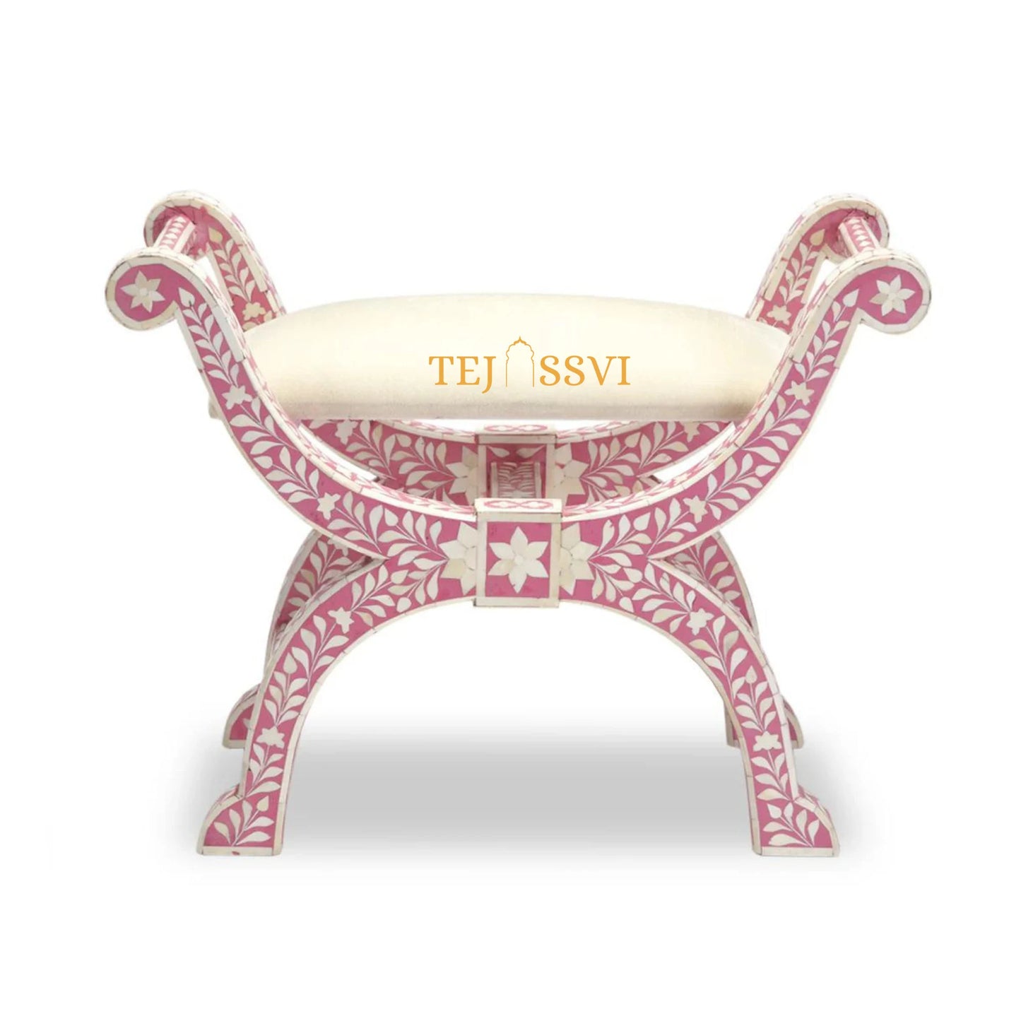 HANDMADE BONE INLAY Floral Pink Jenny Stool | Bone Inlay chair | Modern Luxury Furniture