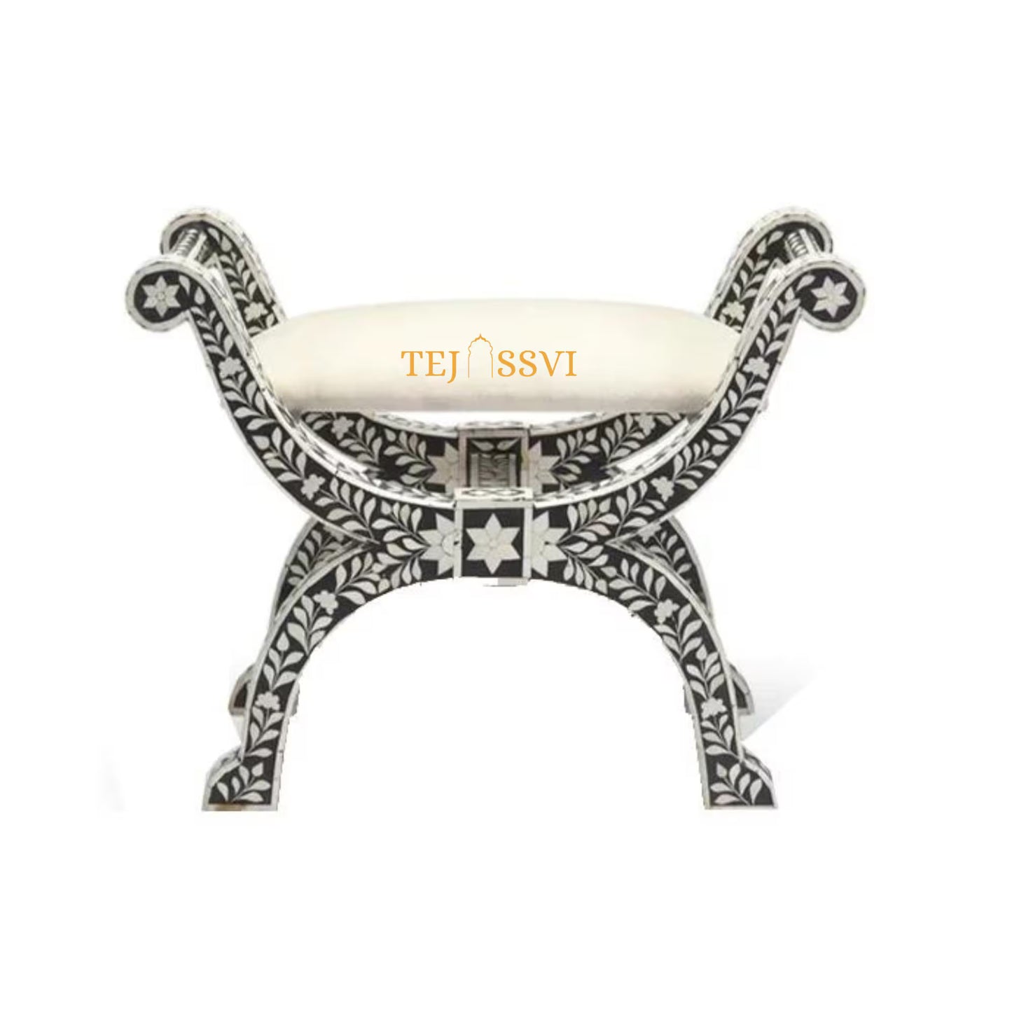 HANDMADE BONE INLAY Floral Black Jenny Stool | Bone Inlay chair | Modern Luxury Furniture