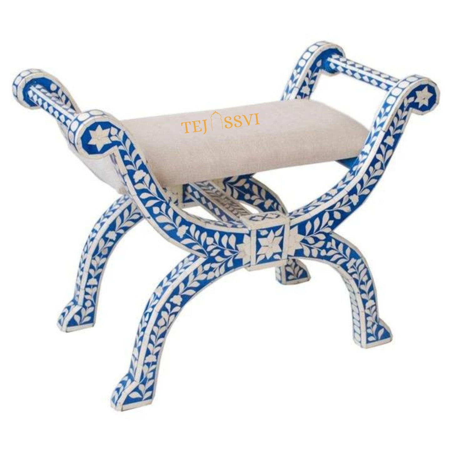 Handmade Bone Inlay Stool: Floral Blue Jenny Chair, Modern Accent Furniture