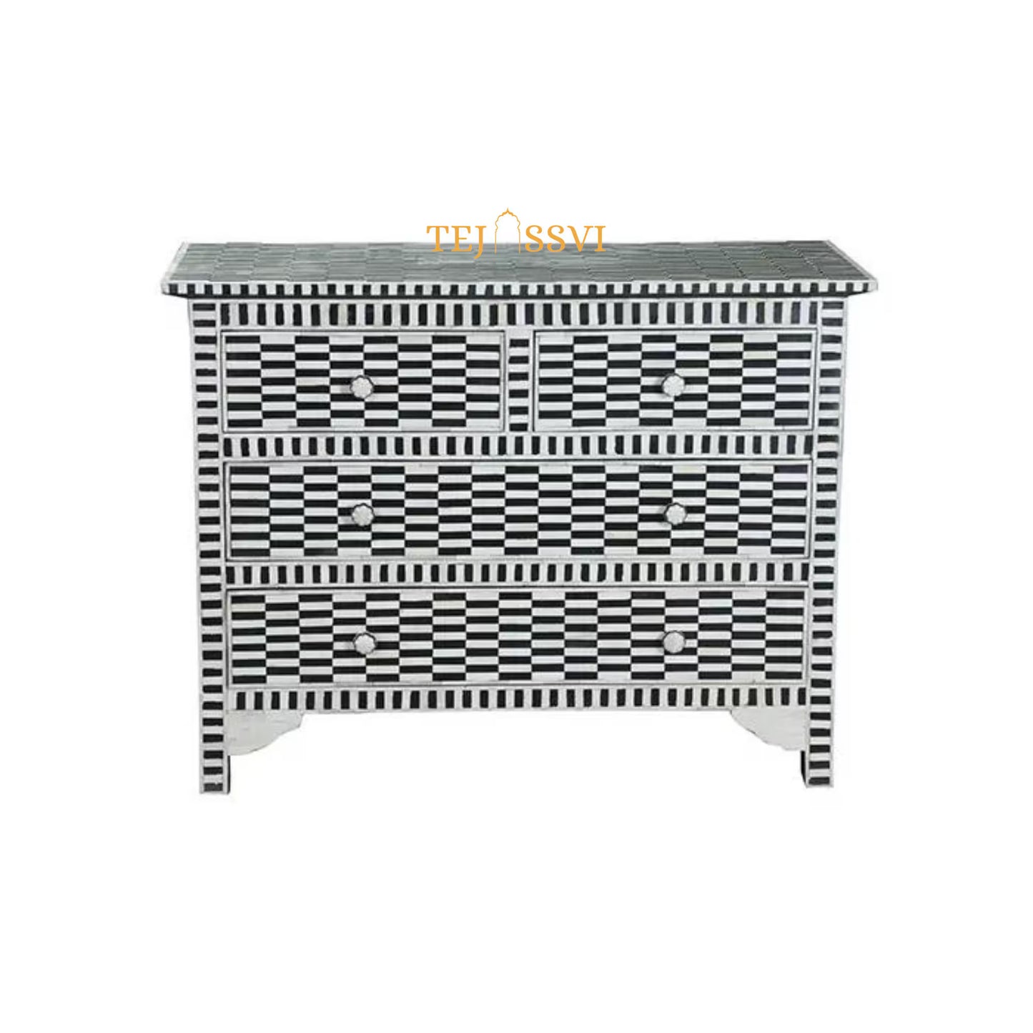 Handmade Bone inlay stripe black & white Bedside Table | Bone inlay Nightstand/Bone Inlay side table/Bone Inlay 4 chest of drawers /Dresser