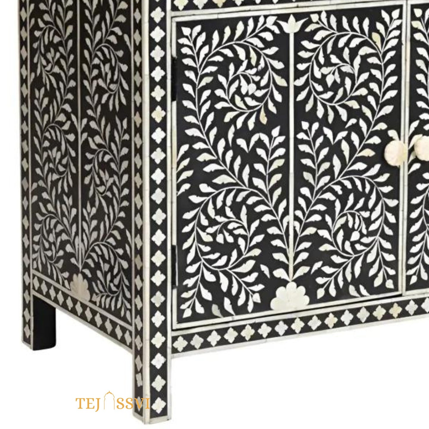 Bone Inlay Floral Design Entryway Cabinet Black | Bone Inlay 2 Drawer Cabinet,Inlay Chest of Drawers,Bone Inlay Dresser,Bone Inlay Sideboard