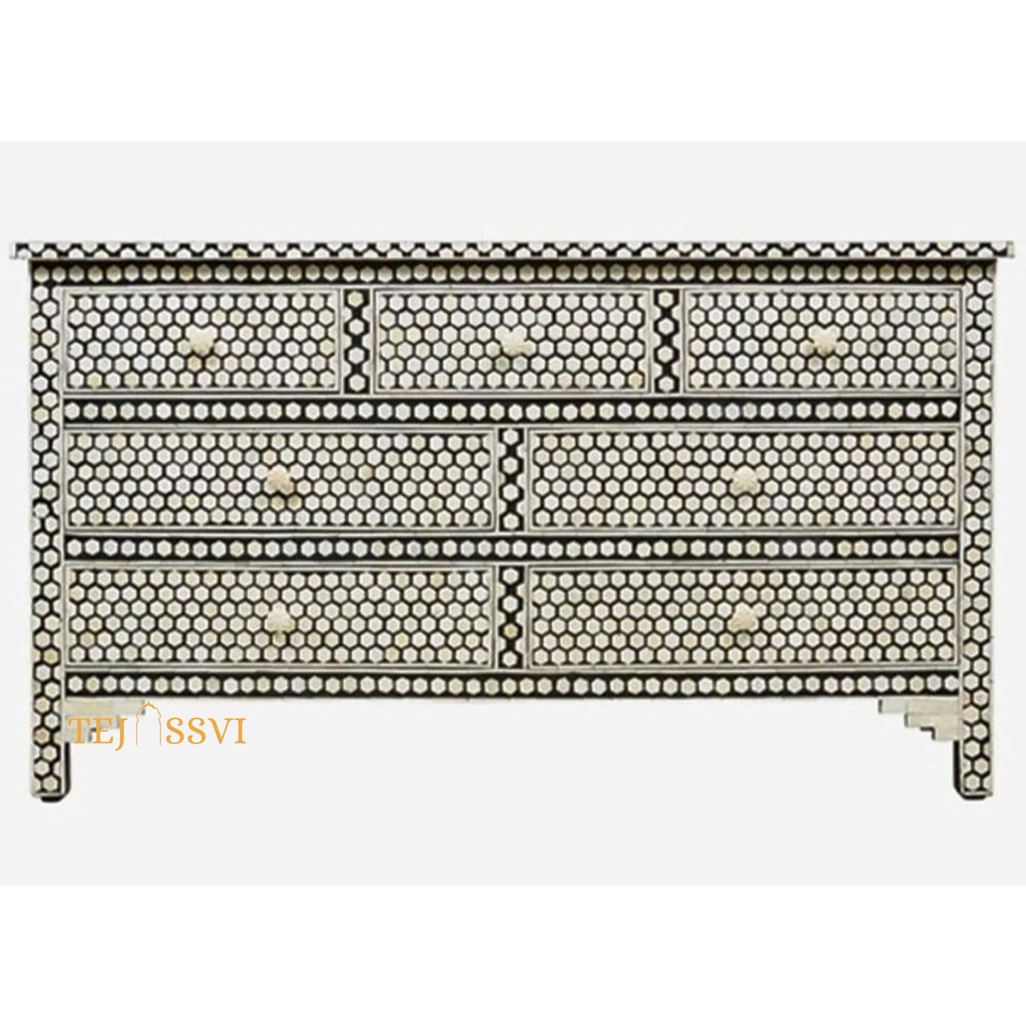Handmade Bone Inlay dresser/7 Chest of Drawer Honeycomb Design Black, Bone inlay Sideboard Honeycomb black, Inlay Furniture Sideboard Unit