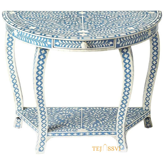 Handmade Bone Inlay Console Table, BONE INLAY TABLE, Semi-Round Coffee Table, Floral design bedside Table, Bone Inlay Cocktail Table