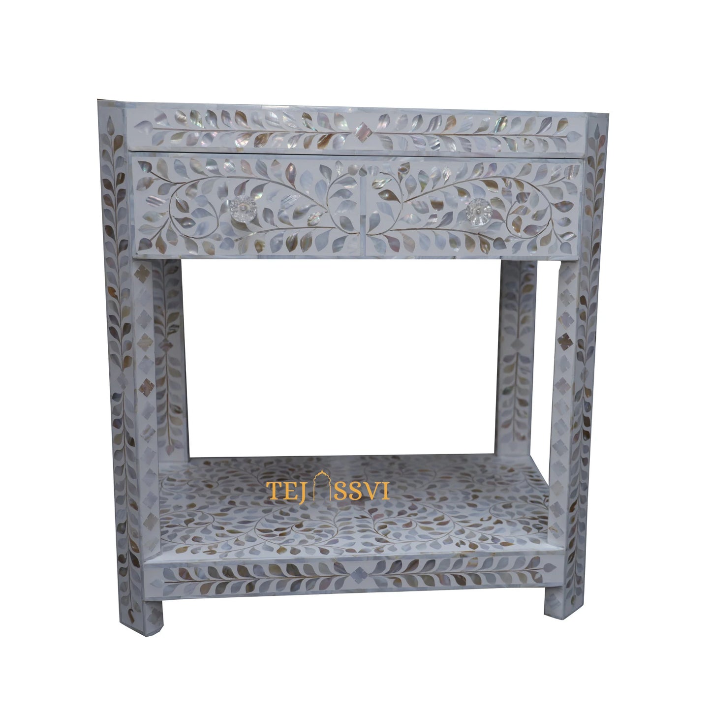 Mother of Pearl Inlay Floral 1 Drawer 1 Shelf Bedside , Bone Inlay Wooden Floral Bedside /Side table /Nightstand 1 Drawer