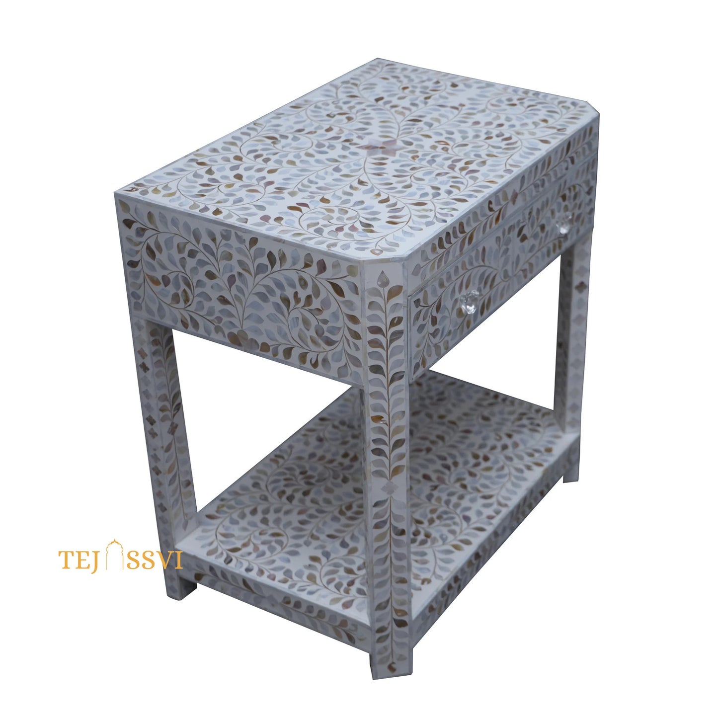 Mother of Pearl Inlay Floral 1 Drawer 1 Shelf Bedside , Bone Inlay Wooden Floral Bedside /Side table /Nightstand 1 Drawer