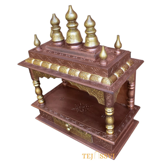 Copper Gold Wooden Open Temple Pooja Mandir | Beautiful Wall Hanging Small Wooden Temple for Home | Wooden Prayer Room, Alter, Pooja Ghar