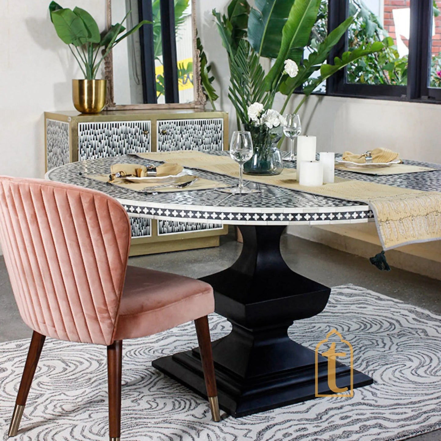 Handmade Bone Inlay Dining Table | Center Table | Conversion Table |  Modern Floral Pattern Restaurant Hotel Bone Inlay Table.