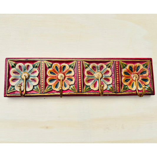 Hand Painted Wood Key Holder: Rustic Entryway Hanger with Bronze Hooks/ wooden 3 hook key hanger / wooden wall décor key hook .