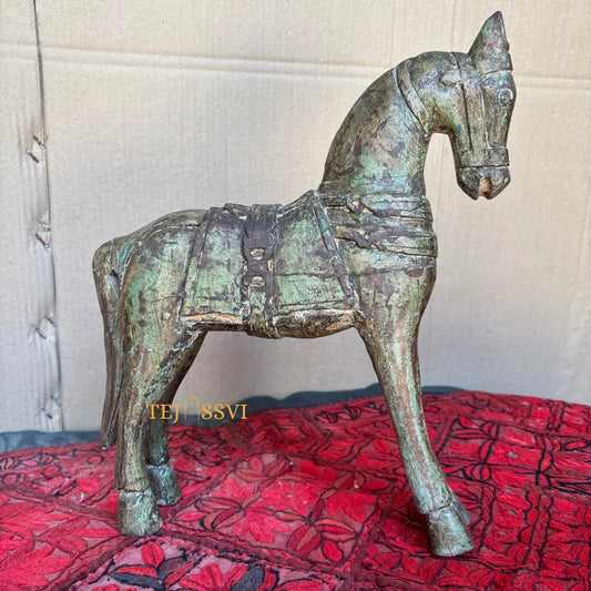 Vintage Hand-Carved Wooden Horse Sculpture for Home Décor | Wooden, Copper & Brass Horse | Handcrafted Wooden Horse Sculpture .