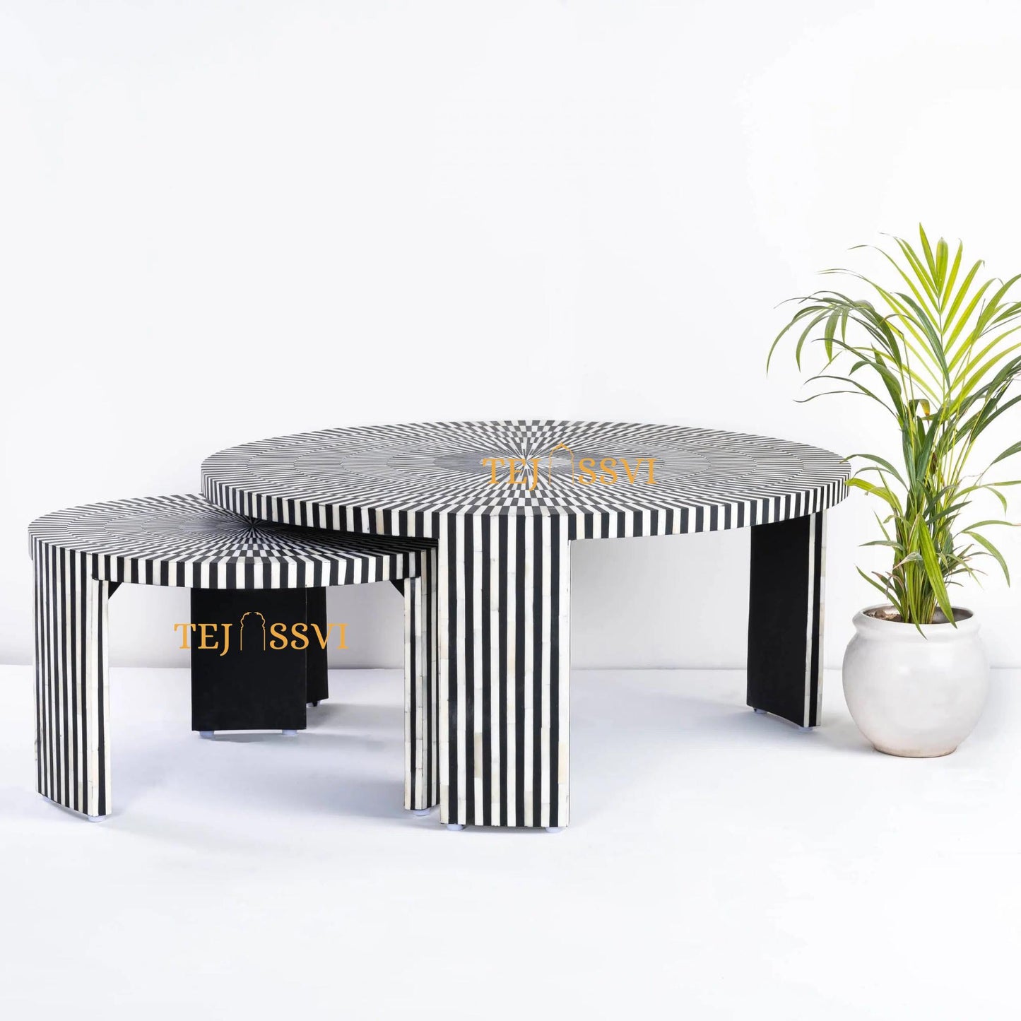 Stripped Design Round Coffee Table Set / Set of 2 Black Bone Inlay Tables / Decorative Round Bone Coffee Tables.