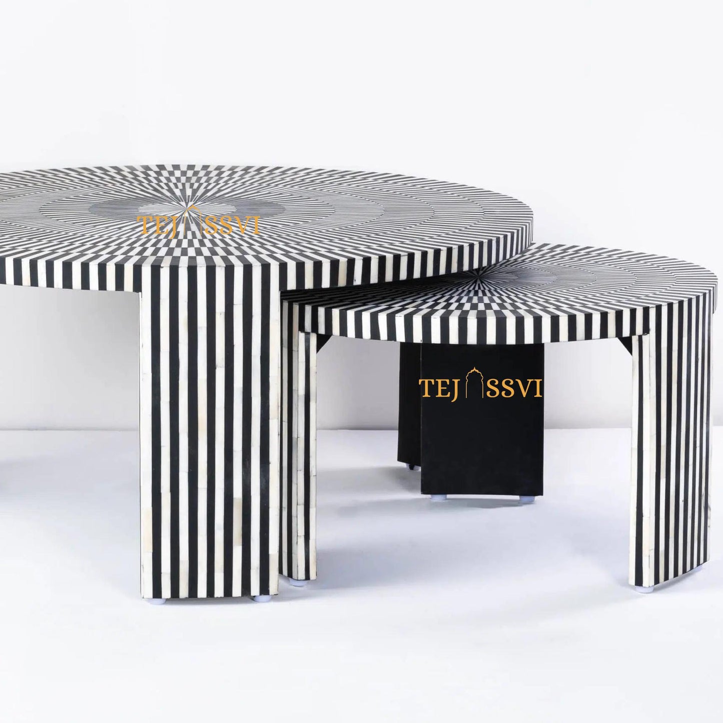 Stripped Design Round Coffee Table Set / Set of 2 Black Bone Inlay Tables / Decorative Round Bone Coffee Tables.