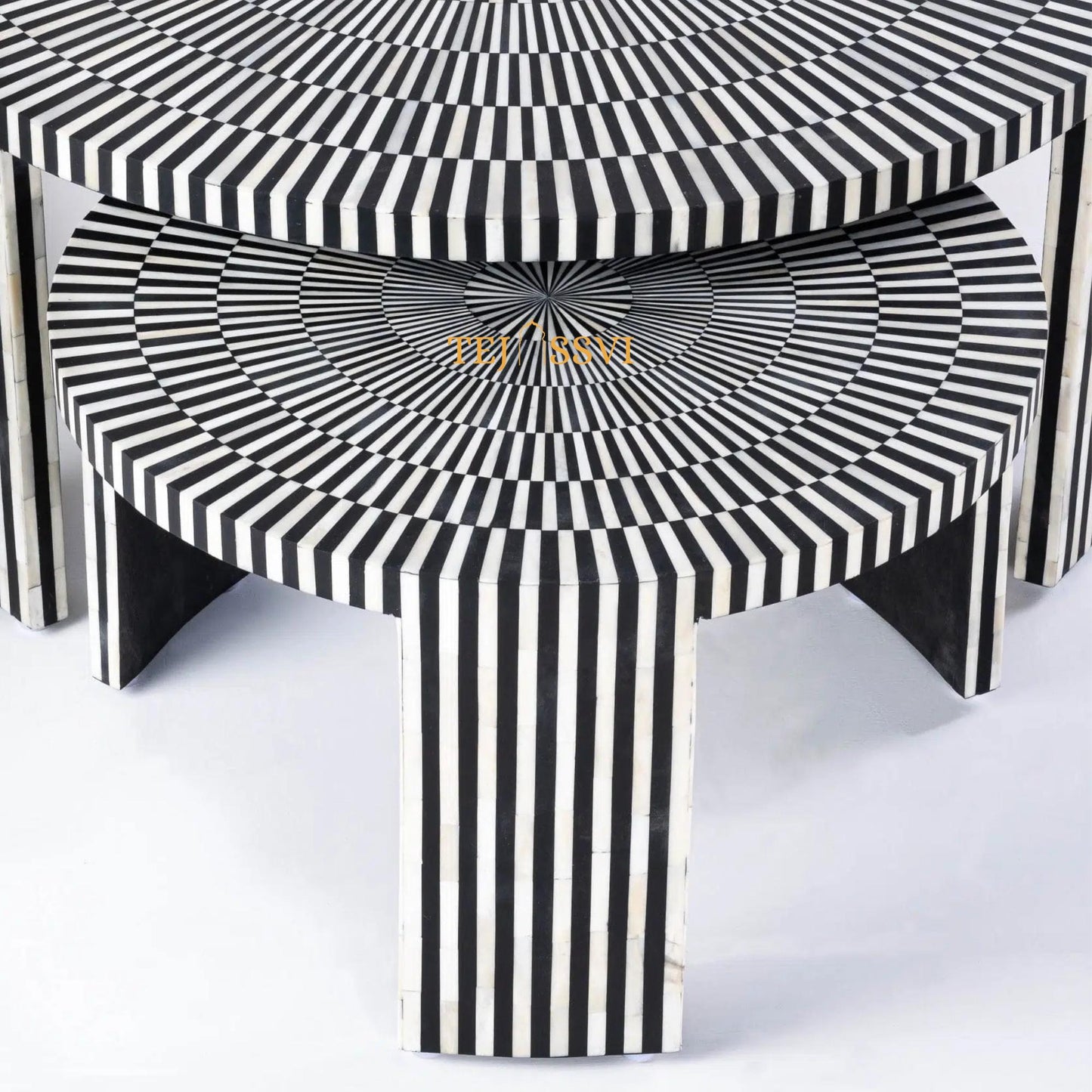 Stripped Design Round Coffee Table Set / Set of 2 Black Bone Inlay Tables / Decorative Round Bone Coffee Tables.