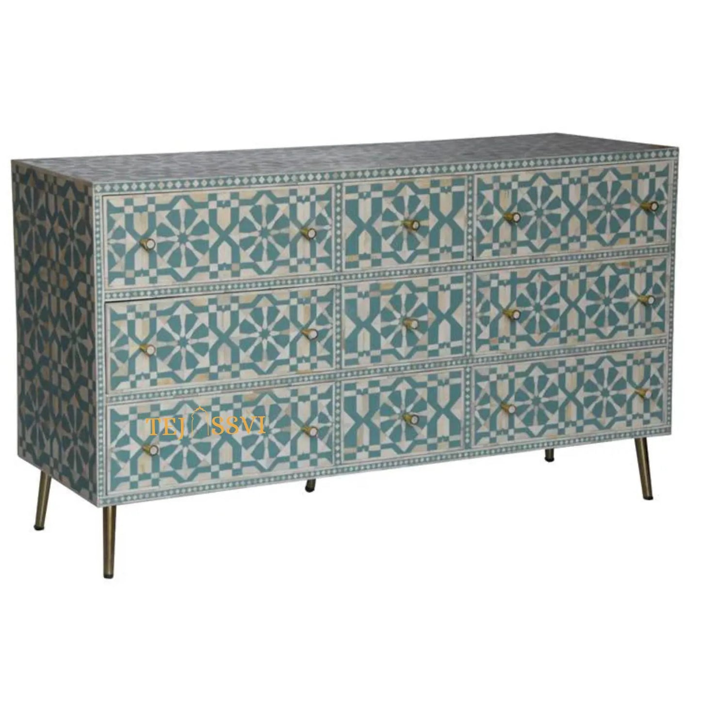 Bone Inlay Furniture Sideboard Unit. Bone Inlay Chest of 9Drawer Dresser, Bone Moroccan Inlay 9 Drawers Chest of Drawers,