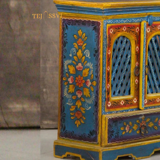 Indian Floral designed Side Storage / Cabinet | Bedside, Side Table, Hand Painted, Wooden Big Cabinet, Living Room Furniture, Fine Panting.