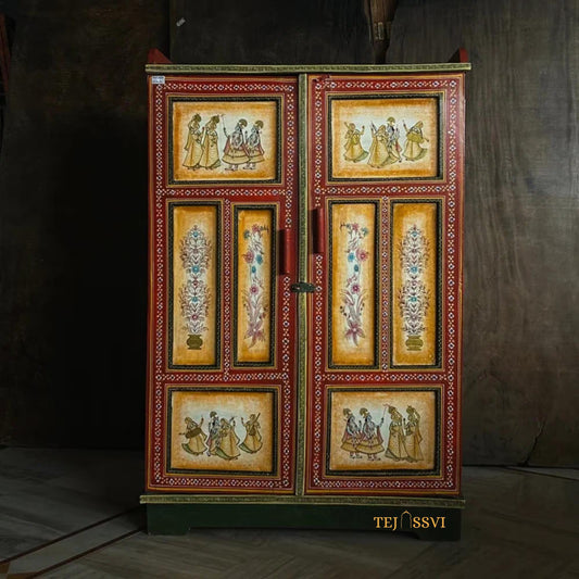 Indian Decorative Wardrobe, Wooden Hand-Painted Almirah, 2 Door Cabinet, Cupboard, Indian Ethnic Style, Bedroom Furniture, Collectible Art..