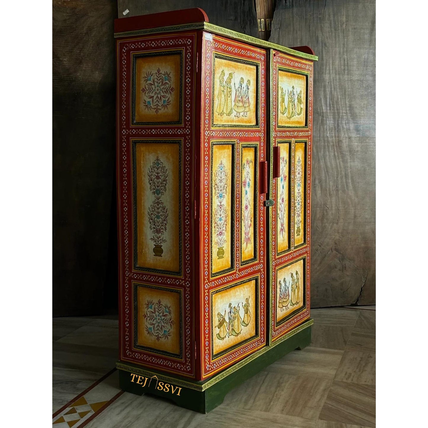 Indian Decorative Wardrobe, Wooden Hand-Painted Almirah, 2 Door Cabinet, Cupboard, Indian Ethnic Style, Bedroom Furniture, Collectible Art..
