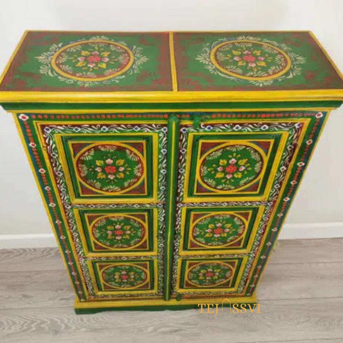 wooden Indian Floral designed Side Storage / Cabinet | Bedside, Side Table, Hand Painted, Wooden Big Cabinet, Living Room Furniture, Fine Panting.